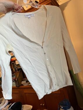 Calvin Klein Cream Ribbed Button-Up Cardigan